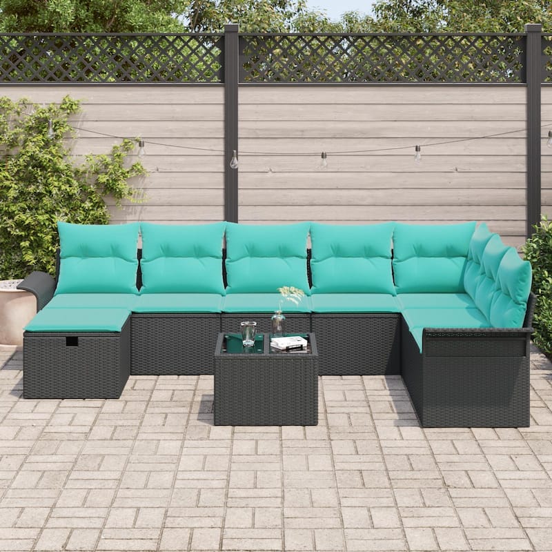 vidaXL 8/9 Piece Garden Sofa Set with Cushions Black Poly Rattan - 117.1×73.8×27.2
