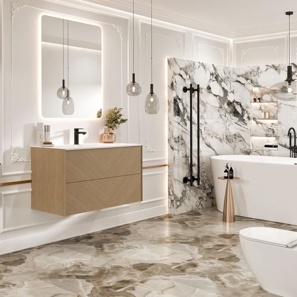 Eviva Lotus 30 in. W. x 22 in. D x 22 in. H Oak Wall Mount Bathroom Vanity with White Solid Surface Integrated Sink Top