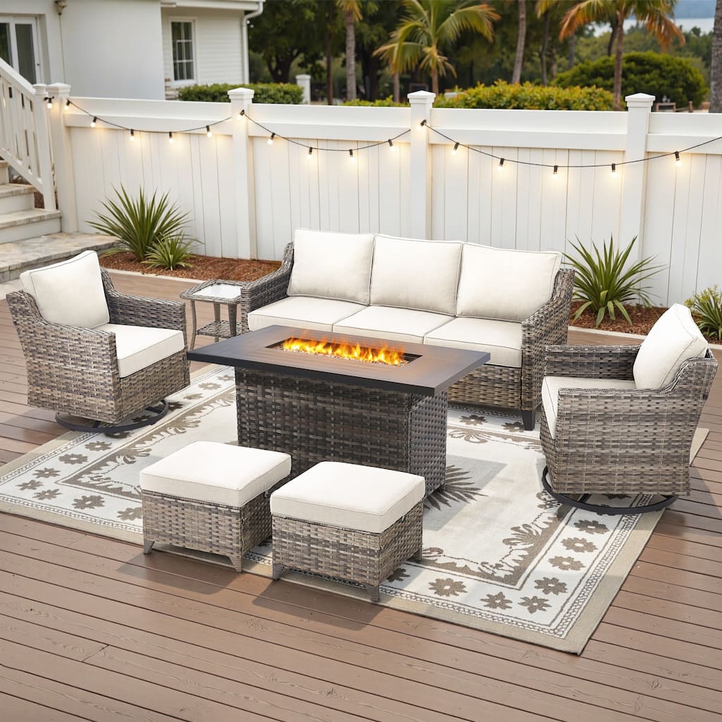 Glissia 7-Piece Gray Wicker Fire Pit Conversation Set with height-adjustable fire pit