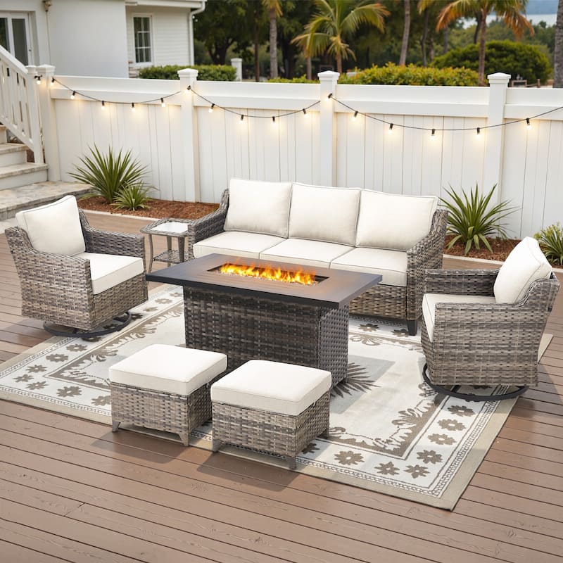 Glissia 7-Piece Gray Wicker Fire Pit Conversation Set with height-adjustable fire pit - Beige Cushions - Gray Wicker