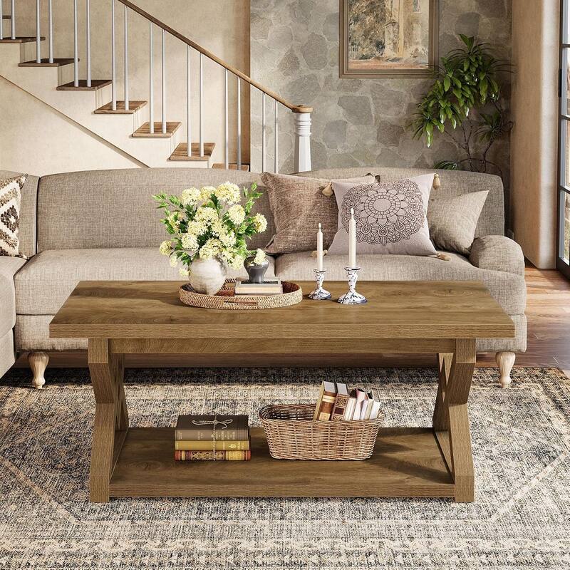2-Tier Coffee Center Table, 47.24-Inch Farmhouse Rectangle Tea Cocktail Table with Open Storage Shelves