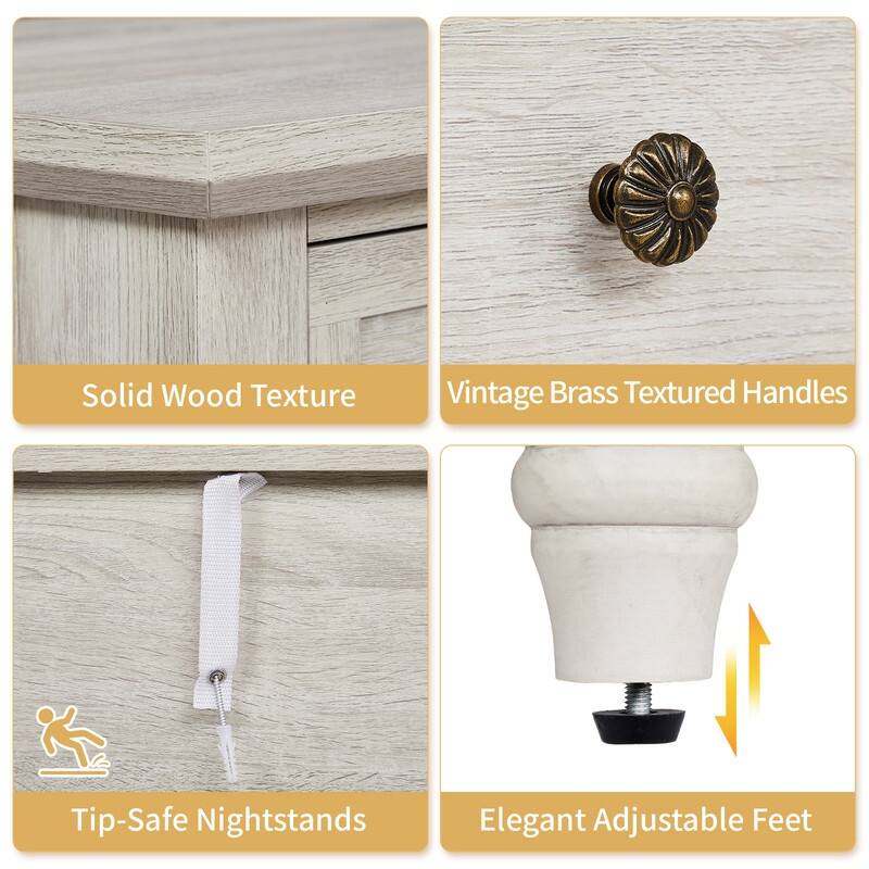 Nightstand with 3 Drawers P2 Particleboard with 3D Paper Finish + Solid Wood Legs 1 Piece