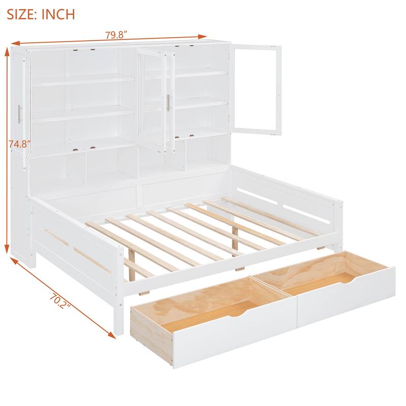 Bookcase Daybed with Storage Cabinets Wooden Captains Bed Built-in LED Lighting