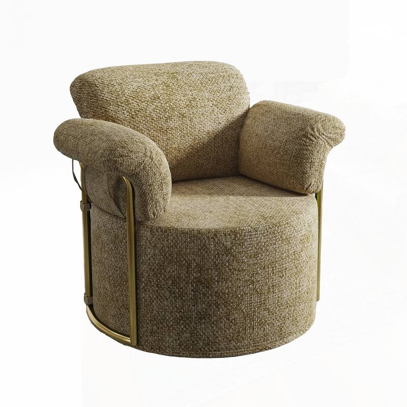 360 Degree Barrel Swivel Fluffy Fabric Lounge Wide Upholstered Reading Chair with Gold Metal Legs - Brown/Yellow - Round Seat