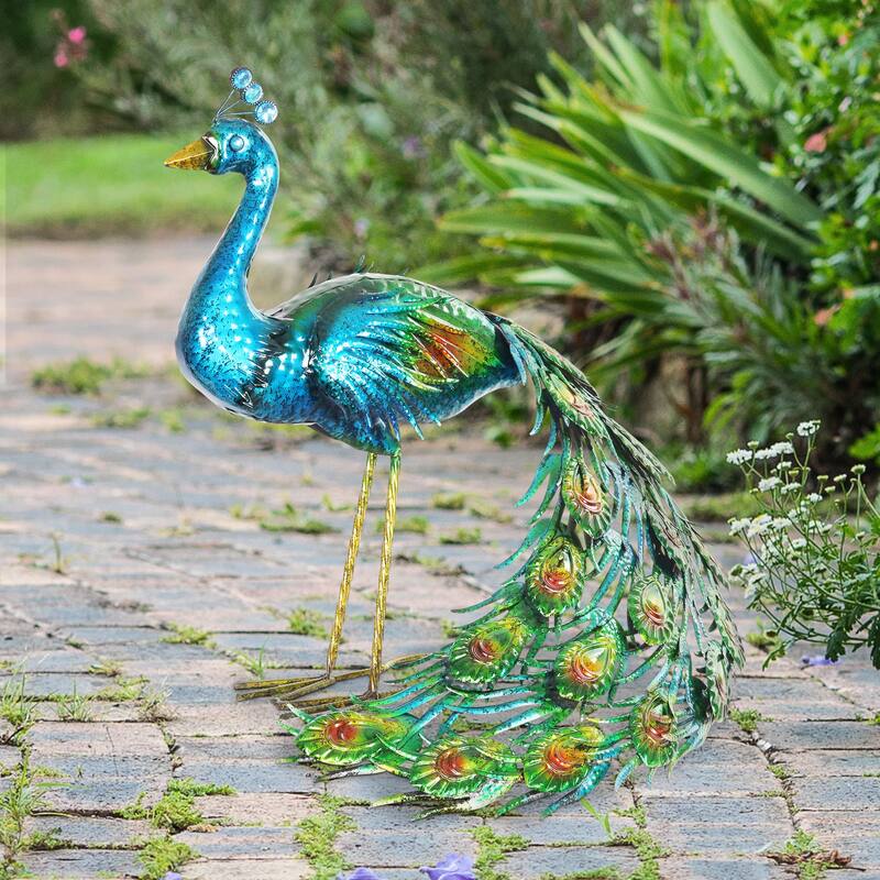 Exhart Hand Painted Majestic Metal Standing Peacock Garden Statue, 15 by 24 Inches