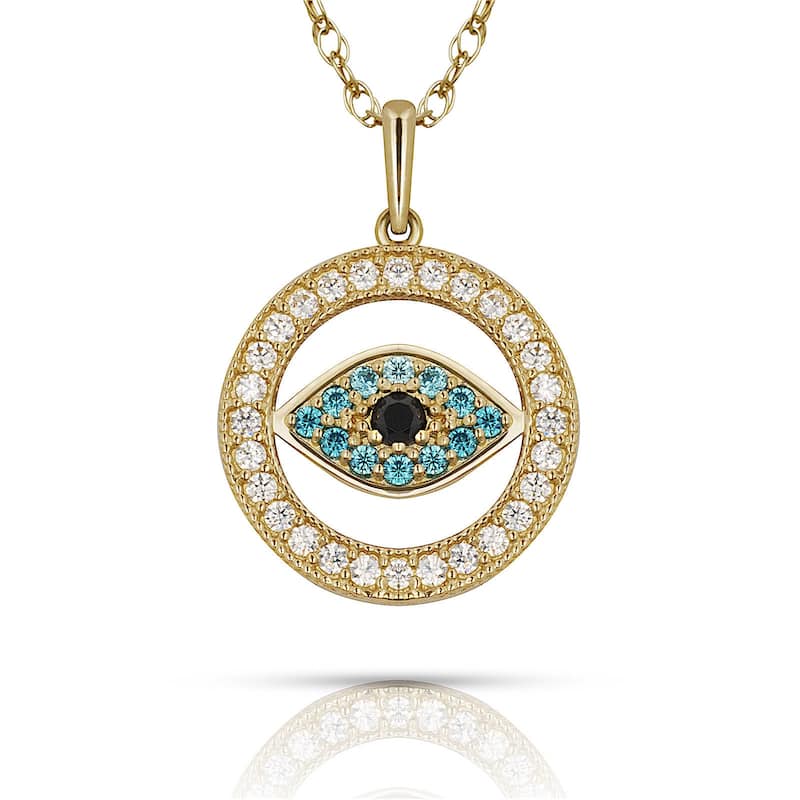 Curata 14K Gold 18" Blue Cubic Zirconia Small Evil Eye Pendant Necklace - Yellow