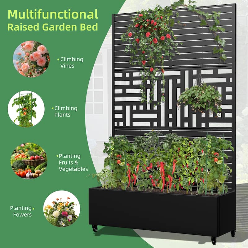 Metal Movable Planter Box with Trellis Privacy Screen Planter Box with Lockable Wheels