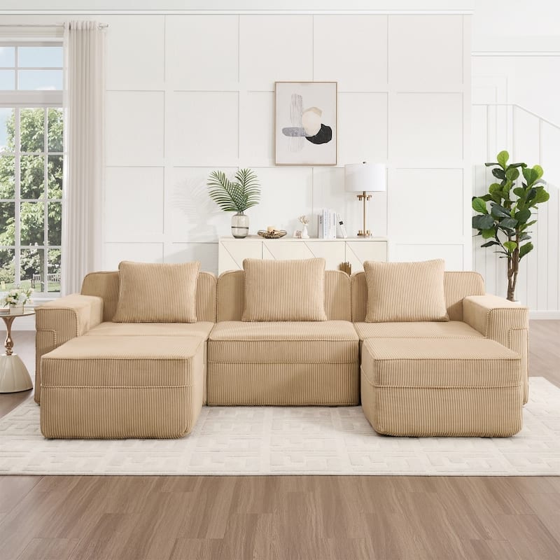 Modular 3-Seat Sectional Sofa with Throw Pillows and 2 Movable Ottomans