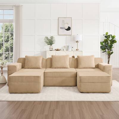 Modular 3-Seat Sectional Sofa with Throw Pillows and 2 Movable Ottomans