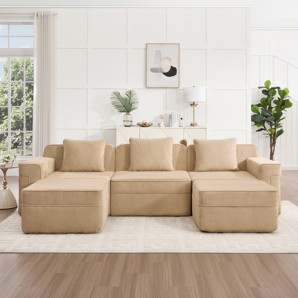Modular 3-Seat Sectional Sofa with Throw Pillows and 2 Movable Ottomans