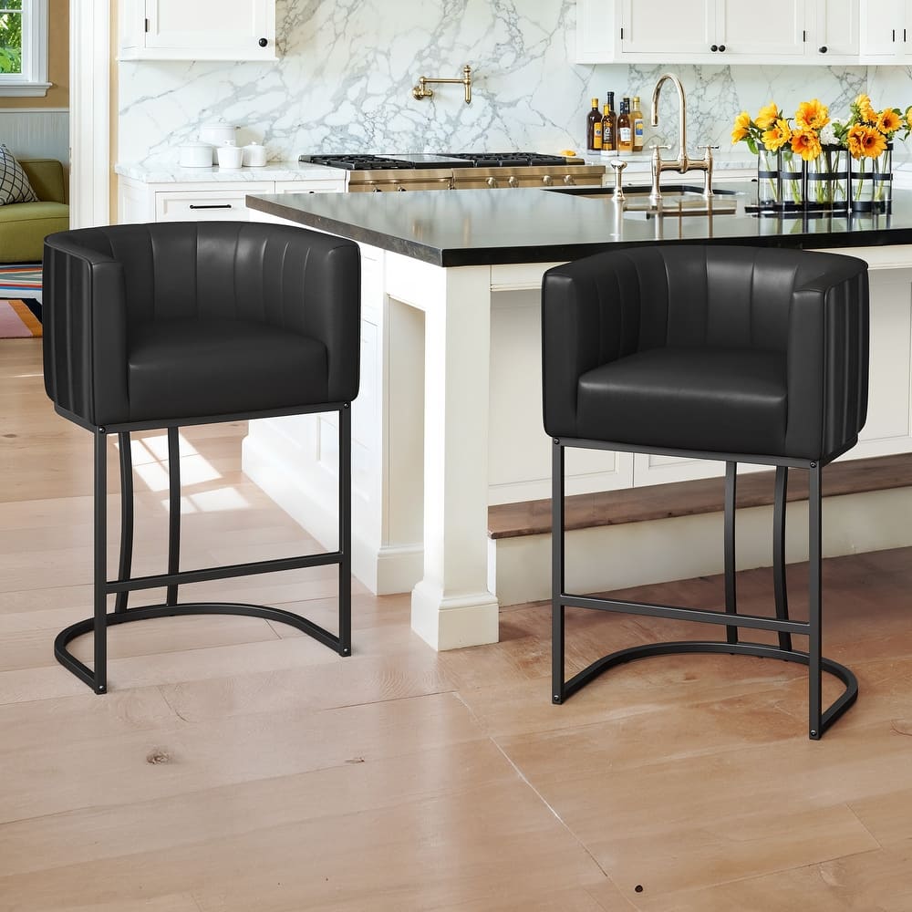 Modern 26.in Low Back Counter Height Barstools Upholstered/PU Leather Barrel Set of 2 Bar Stools with Metal Frame