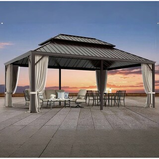 MAISON ARTS 14x20' Hardtop Aluminum Galvanized Steel Double Roof Gazebo with Netting & Curtains