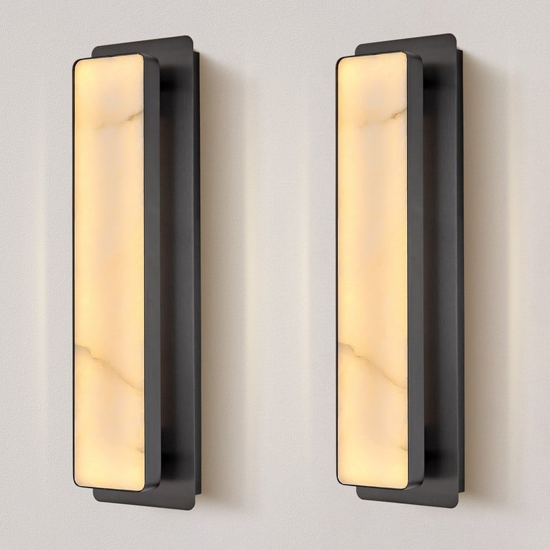 KAYLA 1-Light Gold LED Wall Sconce, Natural Alabaster Wall Sconce, Rectangular Bedside Wall Lighting (Set of 2)