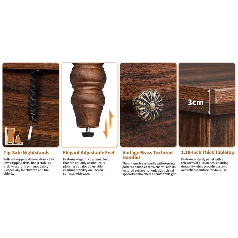 Wood 3-Drawer Nightstand with Rustic Finish and Storage