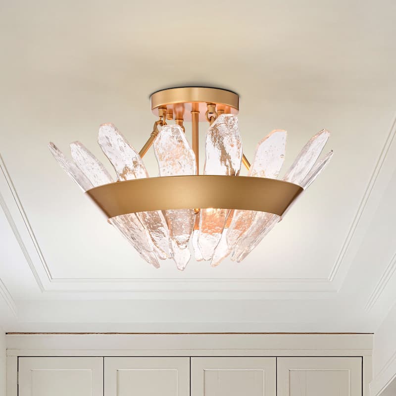 Daisy 3-Light 19.1" Modern Seeded Glass Panel Flush Mount Flush Mount - Glossy Brass