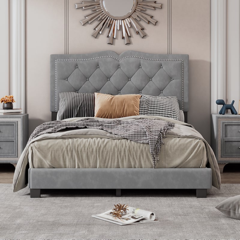 Upholstered Queen Bed Frame with Rivet Accents, Velvet Tufted Headboard