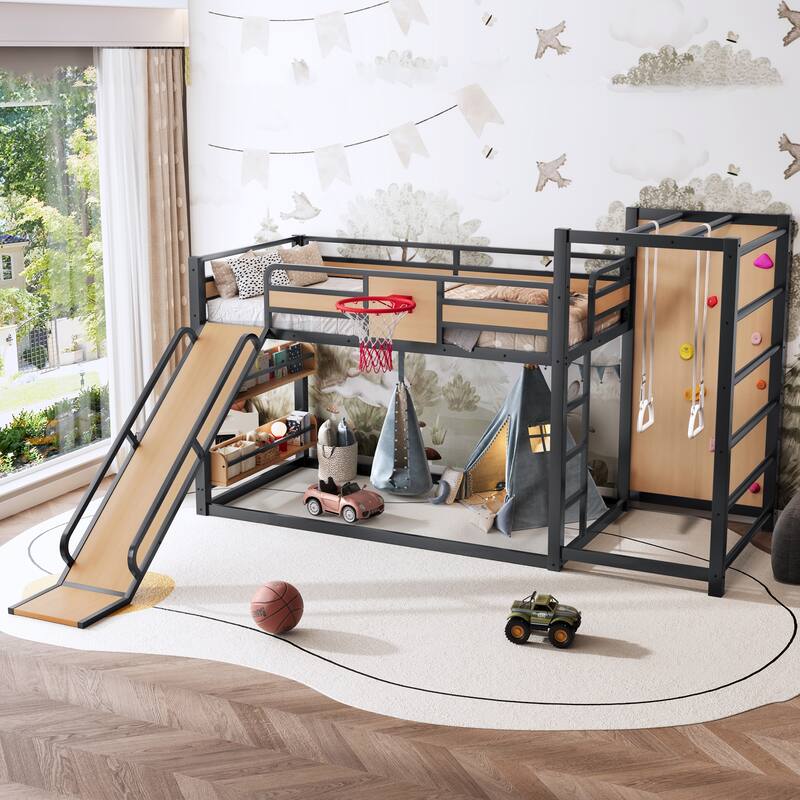 Full/Twin Metal Loft Bed with Basketball Hoop, Climbing Wall & Slide