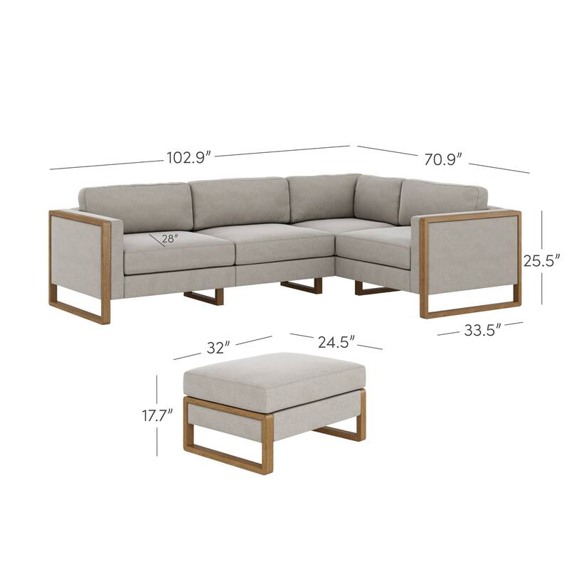Madison Modern Modular L-Shaped Sectional Sofa with Storage Ottoman, 4-Seat Corner Sofa Set with Solid Wood Legs