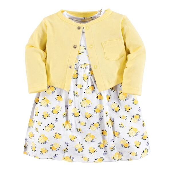 slide 1 of 1, Luvable Friends Baby and Baby Girl Dress and Cardigan 2pc Set, Yellow Floral 0-3 Months - Yellow Floral