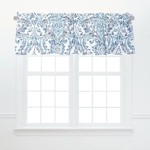 Natalia Damask Blue and White Floral Cotton Valance Window Treatment - 15.5" x 72"