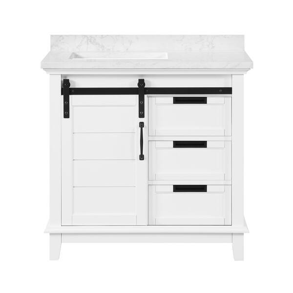 slide 1 of 17, OVE Decors Edenderry 36 in. Vanity White Finish Black Hardware Power Bar