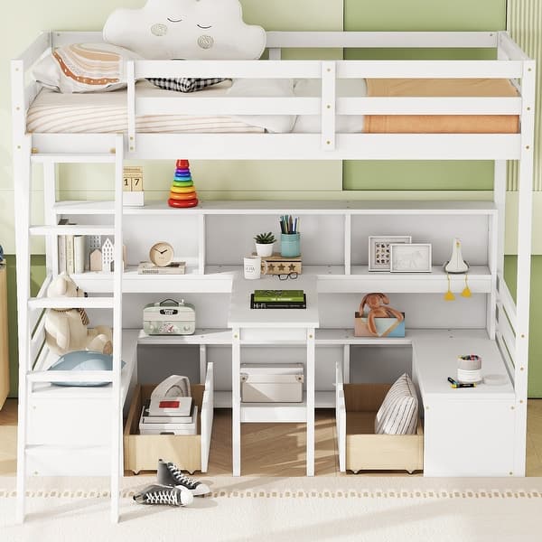 slide 2 of 12, Twin Loft Bed With Storage Shelves, Drawers White