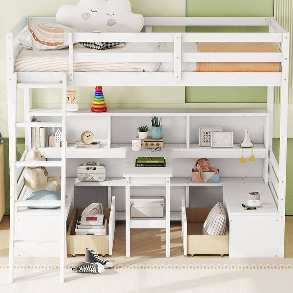slide 2 of 10, Twin Loft Bed with Drawers, Desk, Seat and Storage Shelves White - Twin
