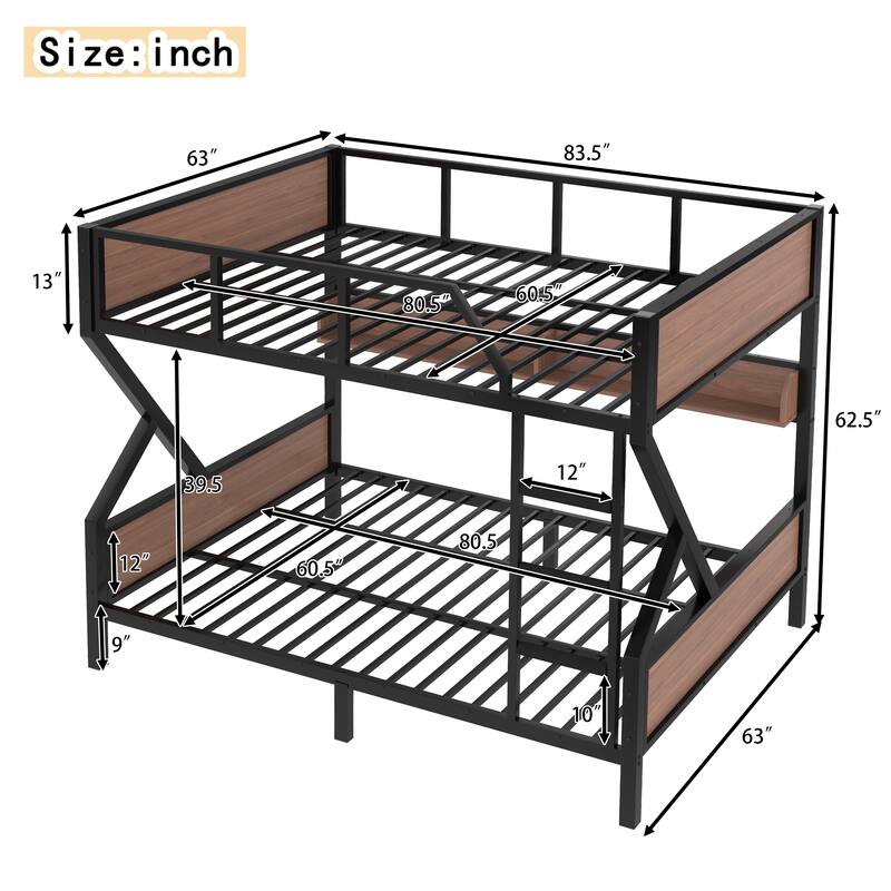 Metal Bedframe Queen Over Queen Bunk Bed with Storage Shelves and LED Light Strip, Space-saving & Noise-free Design