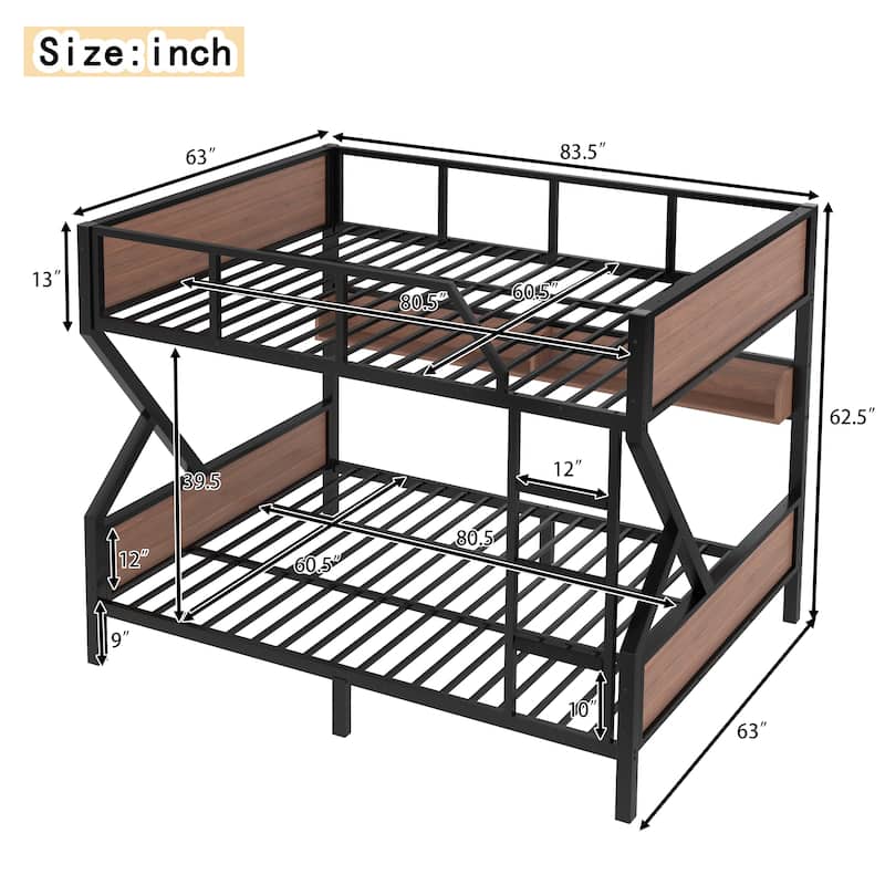 Queen over Queen Bunk Bed, Metal Bunk Bed with Storage Shelves and Lights, Space-saving & Noise-free Design, Black