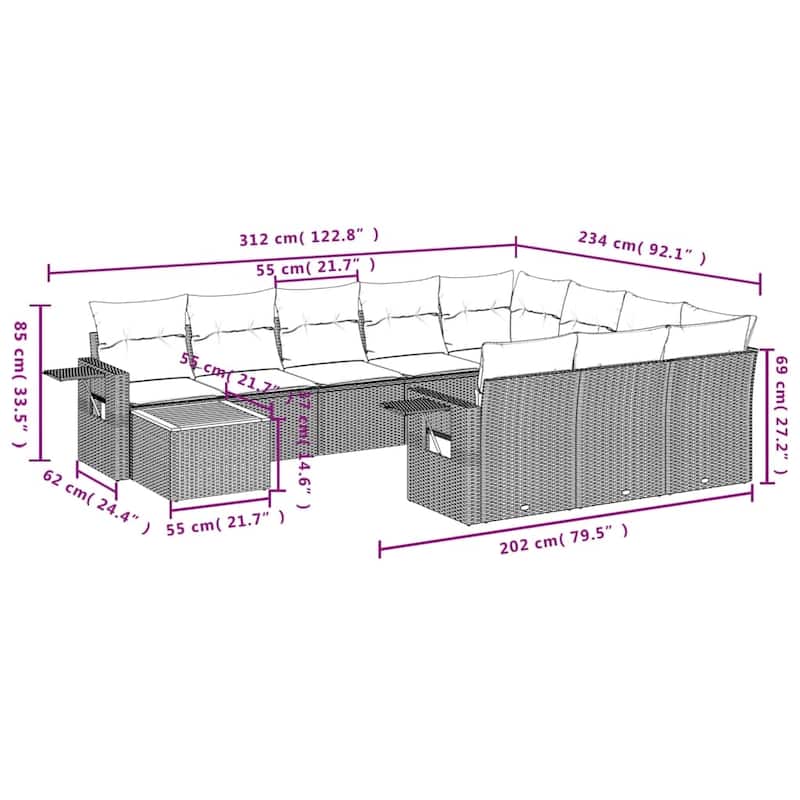 vidaXL 11 Piece Patio Sofa Set with Cushions Black Poly Rattan - 24.4" x 24.4" x 27.2"