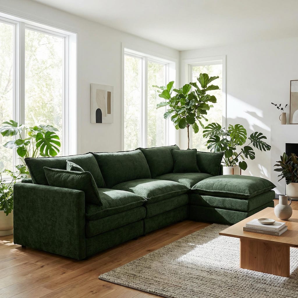 Homy Casa 102" L-Shaped Modular Sectional Sofa Movable Ottoman, Cloud-Style Chenille Couch, DIY Combination for Living Room