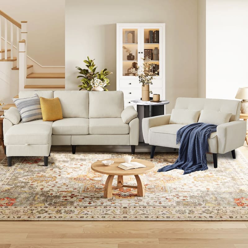 3-Piece Living Room Sectional Sofa Set with Loveseat and Ottoman - Beige