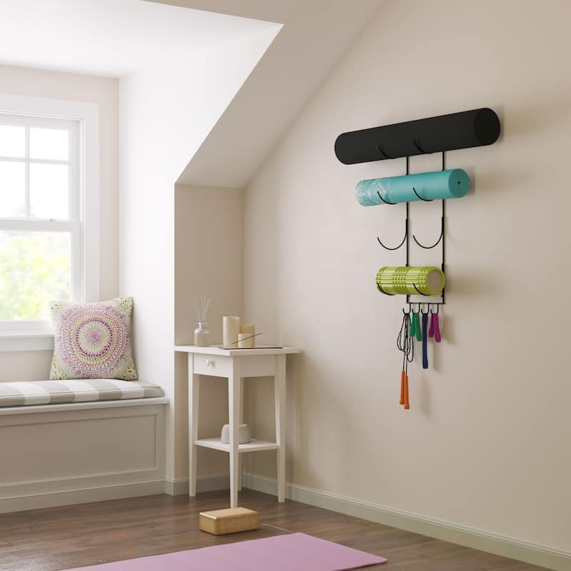 Wallniture Core 4 Sectional Yoga Mat Holder Wall Mount Foam Roller Storage Metal Sports Rack, Black