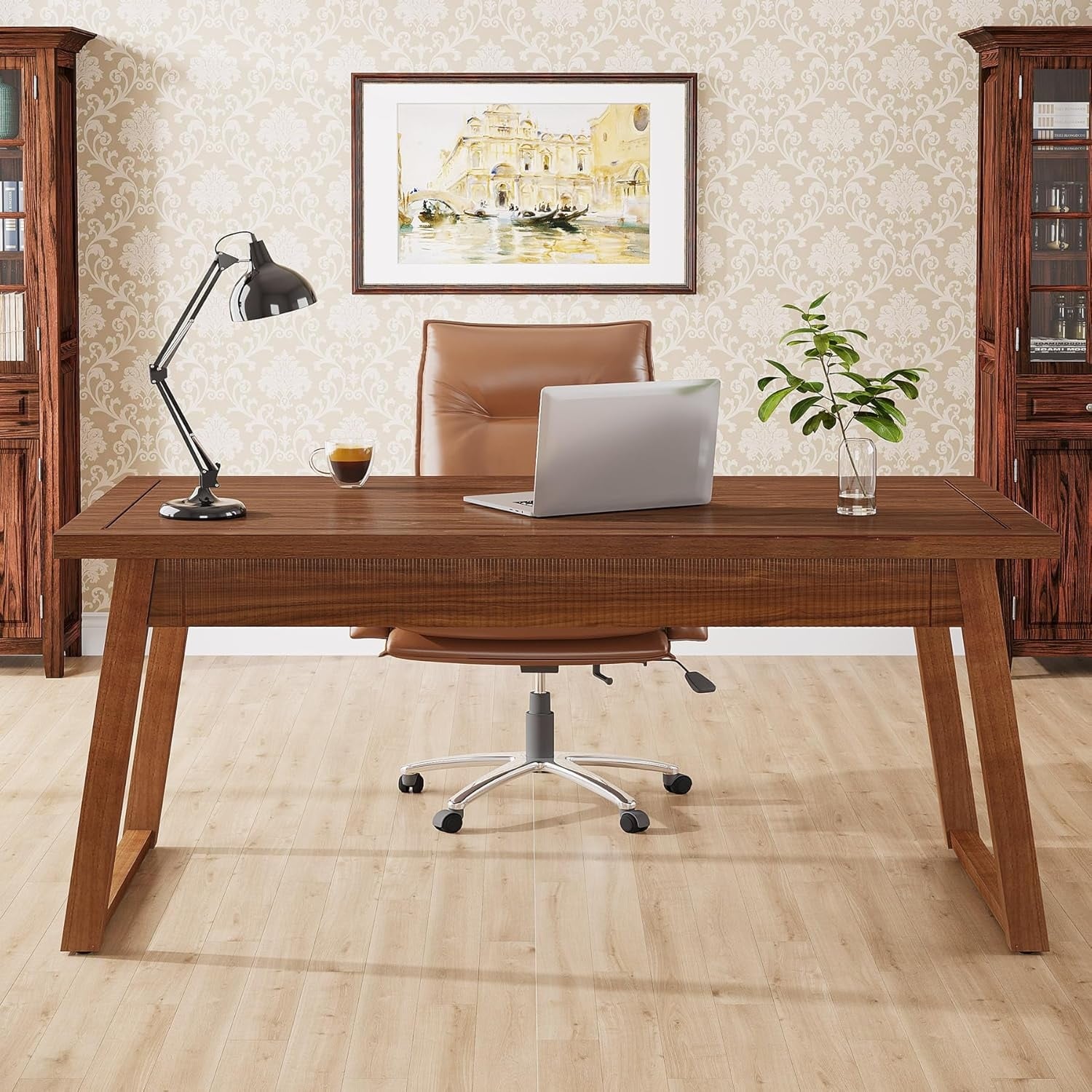 55 Wood Computer Desk Mid Century Modern Study Writing Table with Drawer Walnut Brown