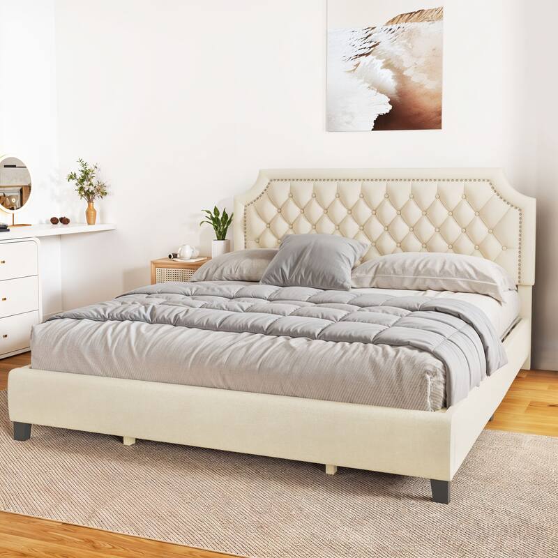 Moasis Upholstered Tufted Bed Frame with Adjustable Height Headboard - Velvet Beige - King