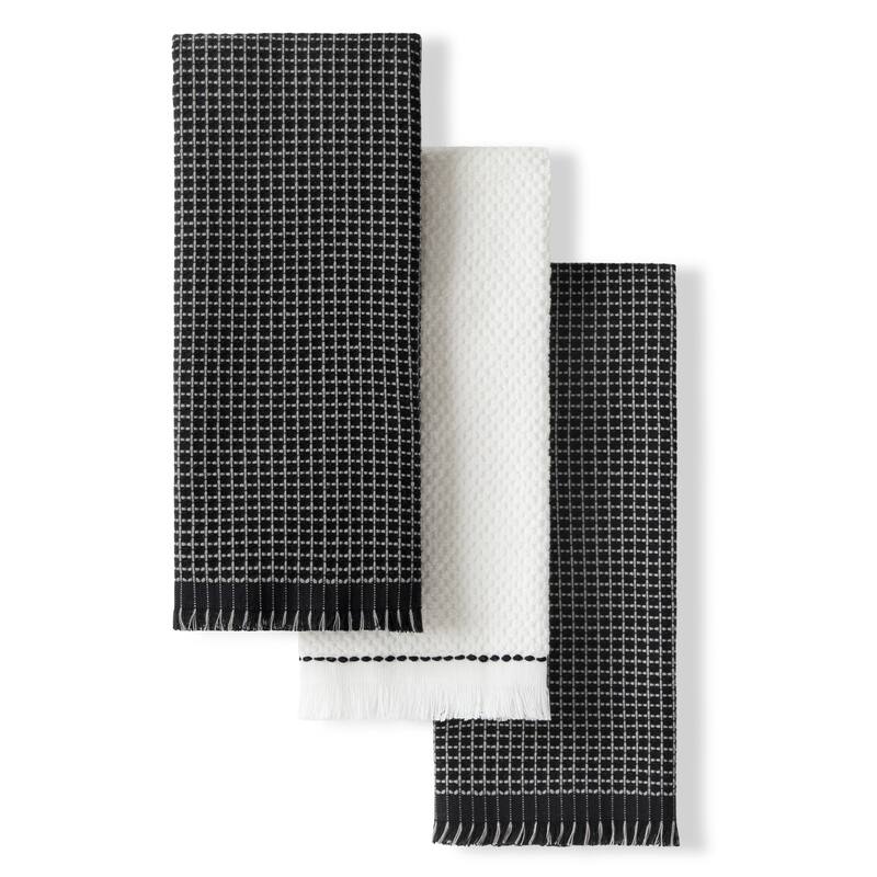KITCHENAID Gourmet Series Gridlines Kitchen Towels 3-Pack Set, 100% Cotton Absorbent - 18"x28" - Matte Black