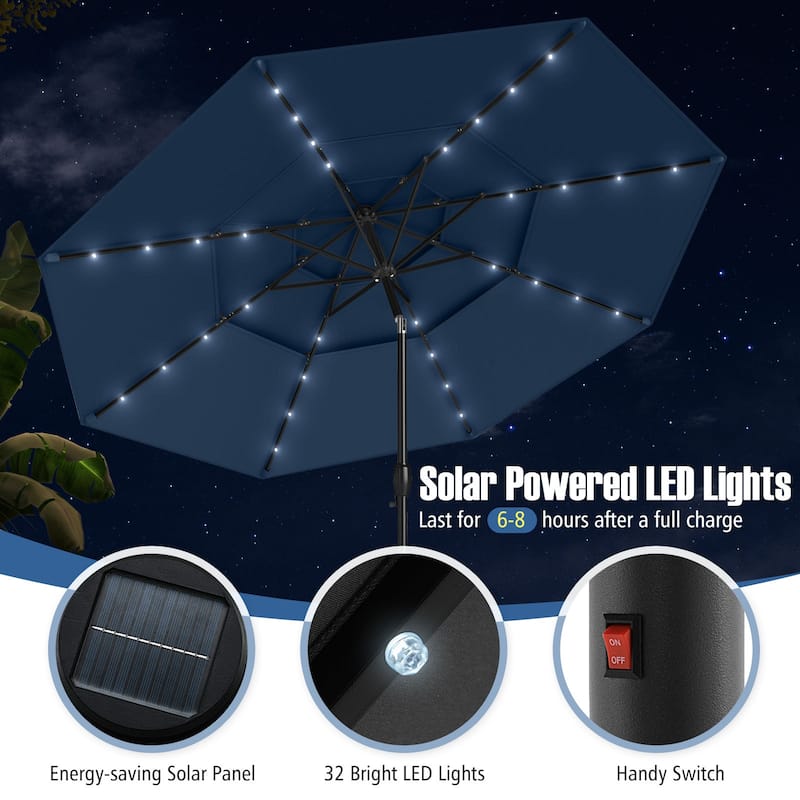 Gymax 10 FT Solar Patio Umbrella w/ 32 LED Lights 3-Tier Vented Top