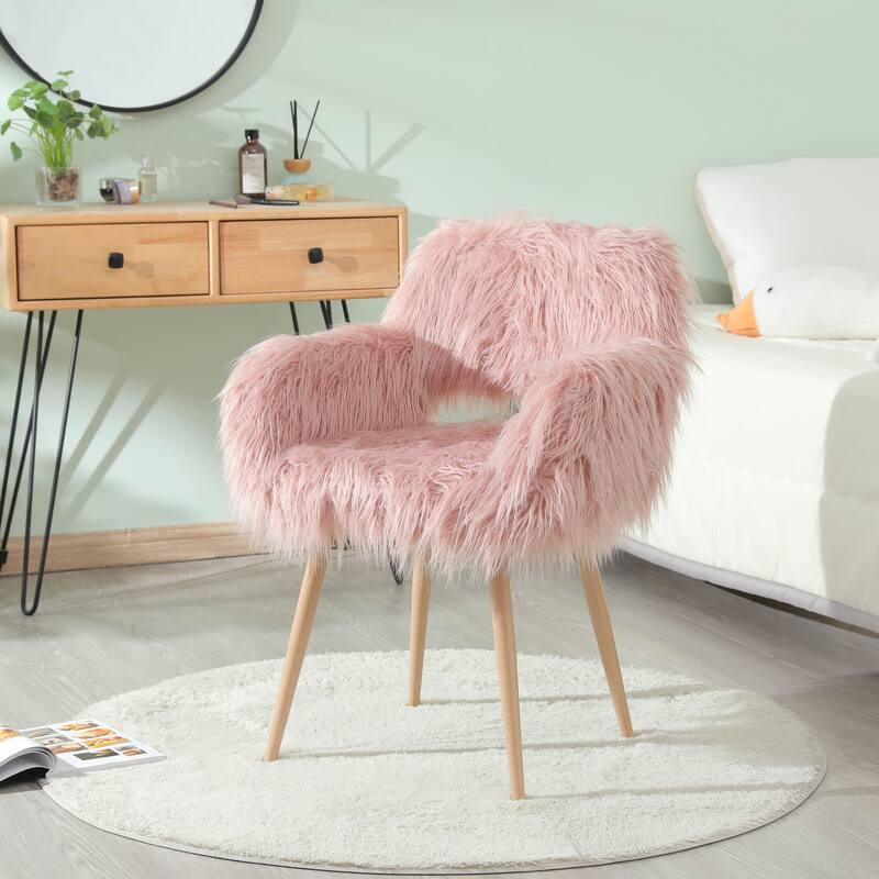 White Faux Fur Upholstered Make up Chair Side Dining Chair - Pink