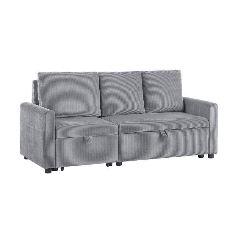 70"W Gray Corduroy Sofa with Pull-Out Chaise, Underseat Storage, Side Pocket