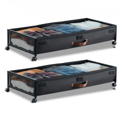 2-Pack Under Bed Shoe Clothing Organizer with Lockable Casters Handles and Clear Top Panel - 35.6 x 15.5 x 5.1 inch