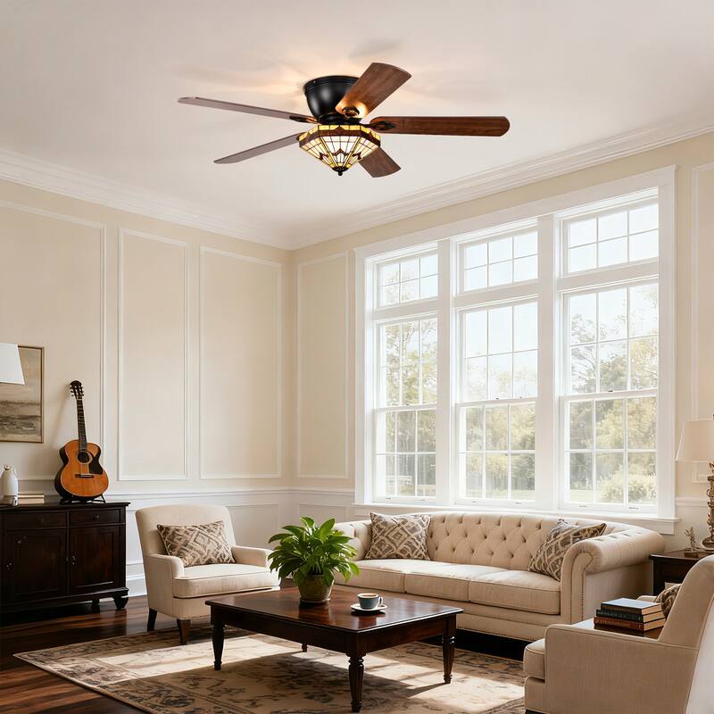 Lymelyn 52-Inch Flushmount Lighted Ceiling Fan Ivory Geometric Tiffany Glass Lamp Black Finish