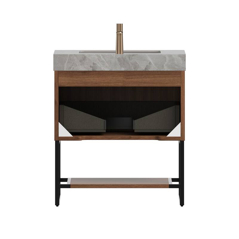 30" Bathroom Vanity & Sink, Freestanding Striped Plywood Storage Cabinet with Drawer & Open Shelf