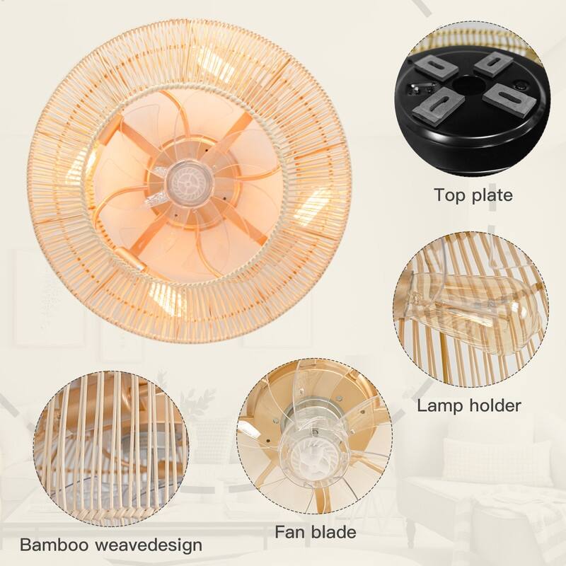 20 in. 4-Lights Indoor Gold Rattan Flush Mount Ceiling Fan Low Profile Ceiling Fan with Remote Included No Bulbs for Kids Room