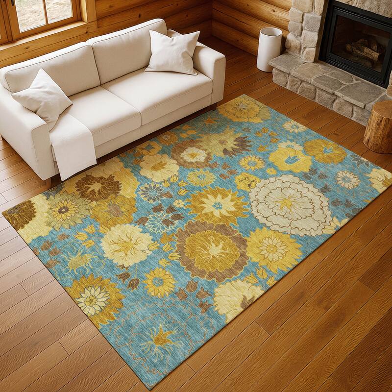 Machine Washable Indoor/ Outdoor Modern Floral Chantille Rug