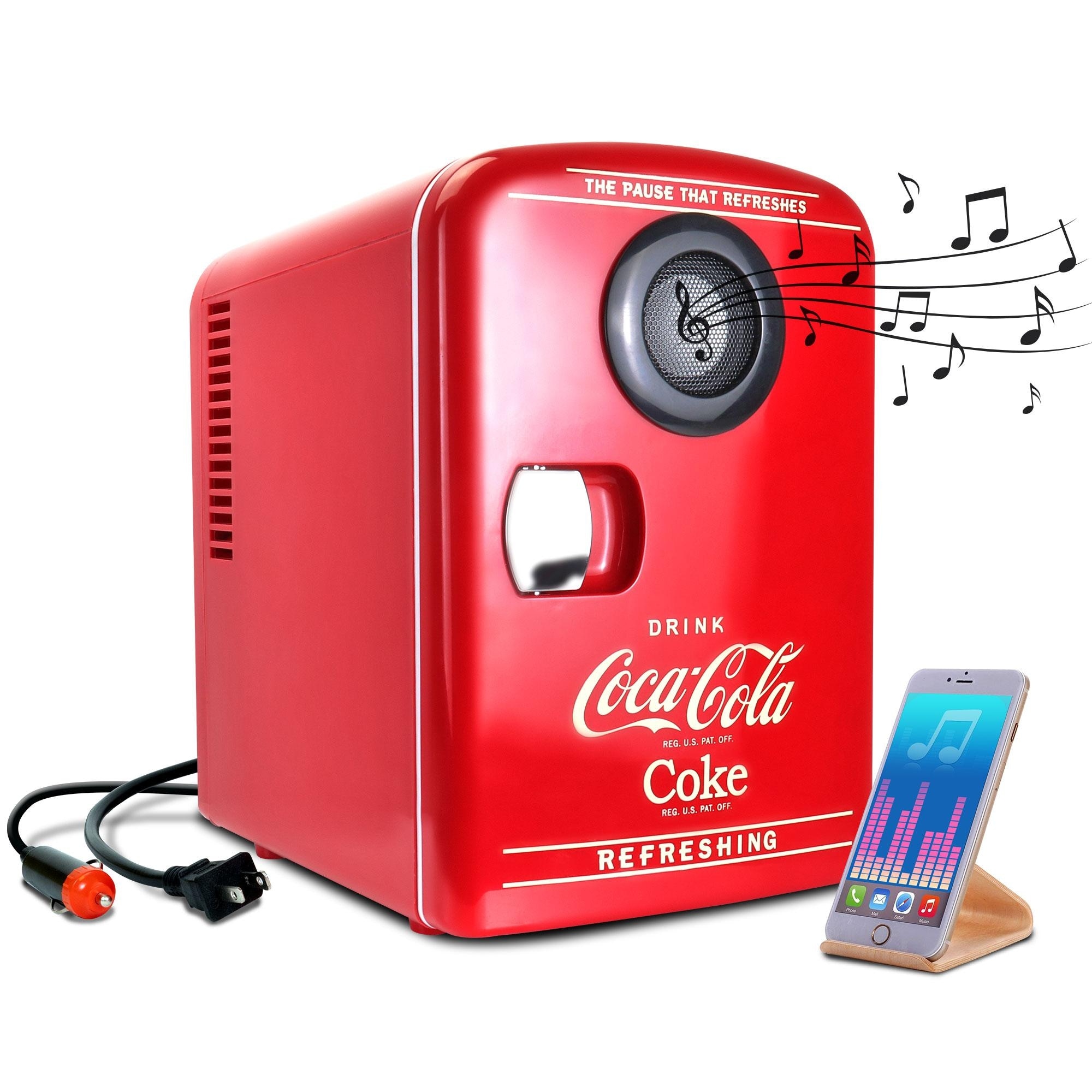 Coca-Cola 4L Cooler/Warmer w/ Bluetooth Speaker, 12V DC and 110V AC Cords,  6 Can Mini Fridge, Red - On Sale - Bed Bath & Beyond - 34937178