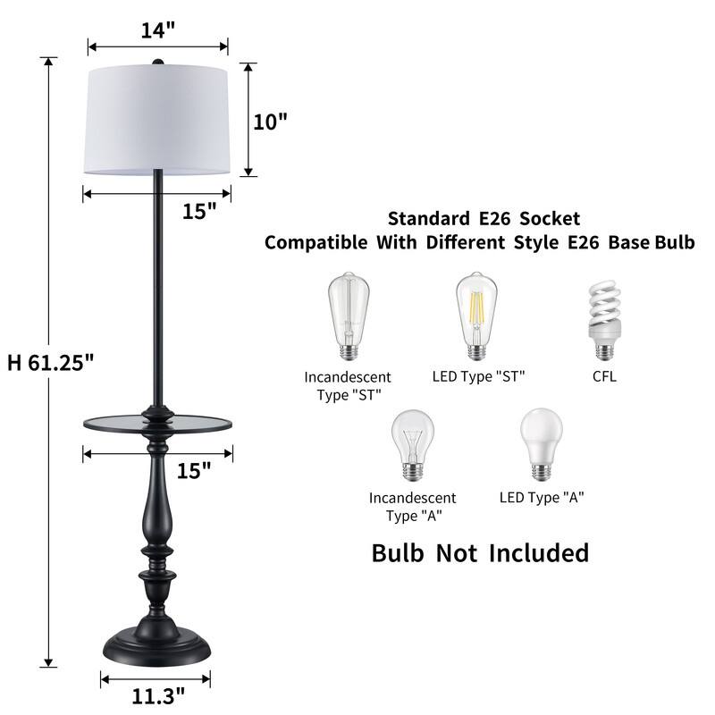 KAWOTI Traditional Tray Floor Lamp with Drum Shade - W15.4" x H61.25"
