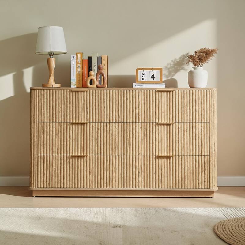 Modern 6 Drawer Dresser with Wave Front Design, Wide Storage Chest and TV Stand, 55" Wooden Organizer Cabinet - Oak