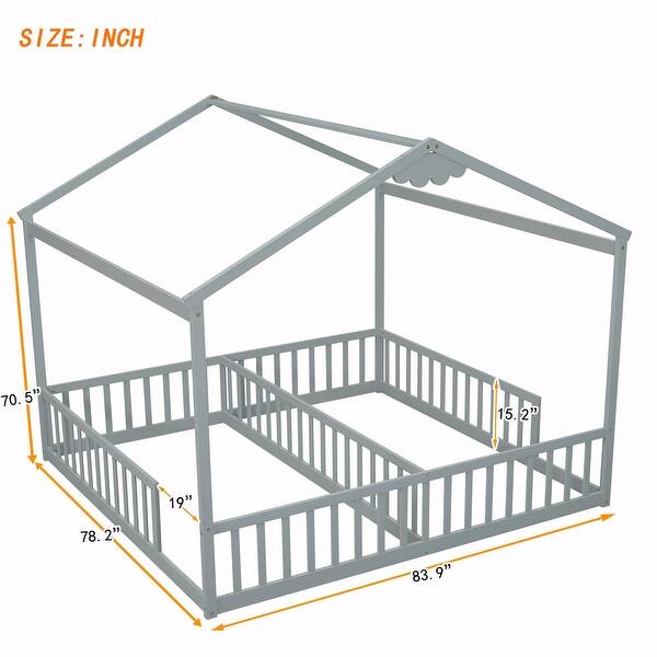 dimension image slide 0 of 2, Double Twin House-Style Floor Bed with Fence and Guardrails, No Door