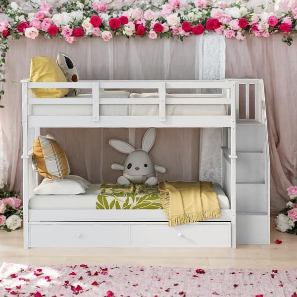 slide 2 of 9, Simple Full Over Full Bunk Bed With Twin size Trundle,Storage and Guard Rail