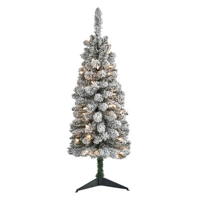 3ft. Flocked Pencil Artificial Christmas Tree with 50 Clear Lights and 132 Branches - Petite Winter X-Mas Décor Tree